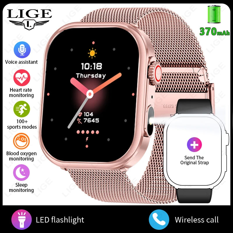 LIGE 2026 New Women Smart Watch Flashlight 2.01” HD Display AI Voice Bluetooth Call Sport Watches Health Monitor Men Smartwatch