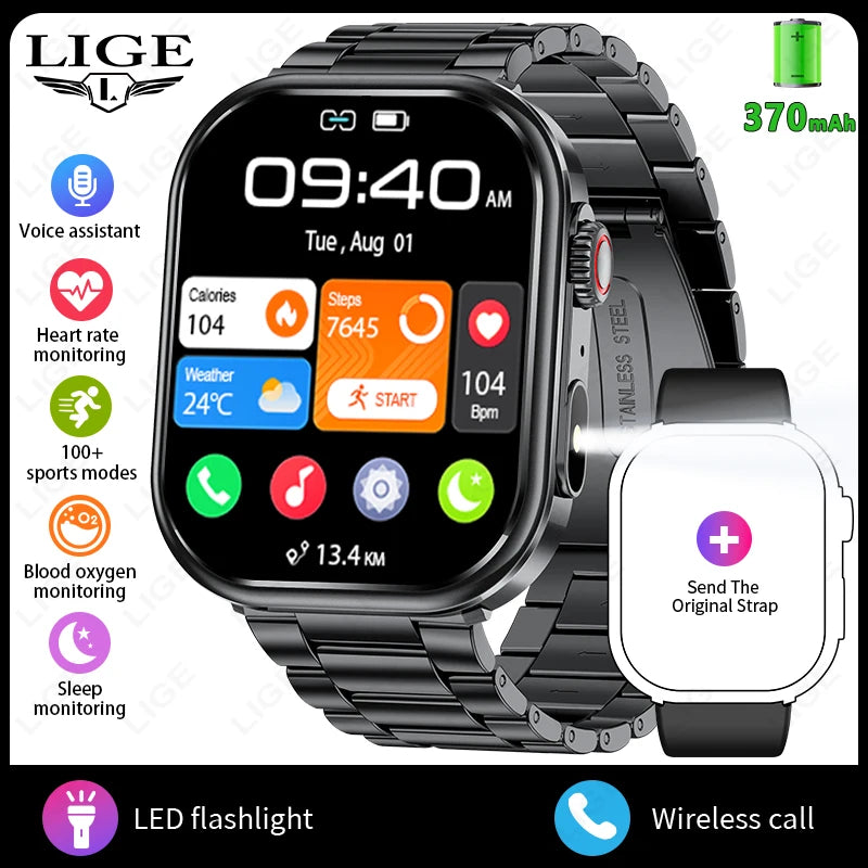 LIGE 2026 New Women Smart Watch Flashlight 2.01” HD Display AI Voice Bluetooth Call Sport Watches Health Monitor Men Smartwatch
