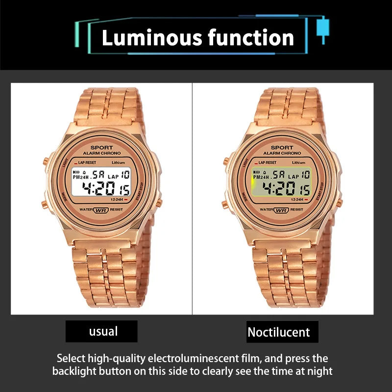 Women Casual LED Electronic Watch Retro Stainless Steel Strap Ladies LED Digital Watch Multifunction Sports Wristwatch Clock