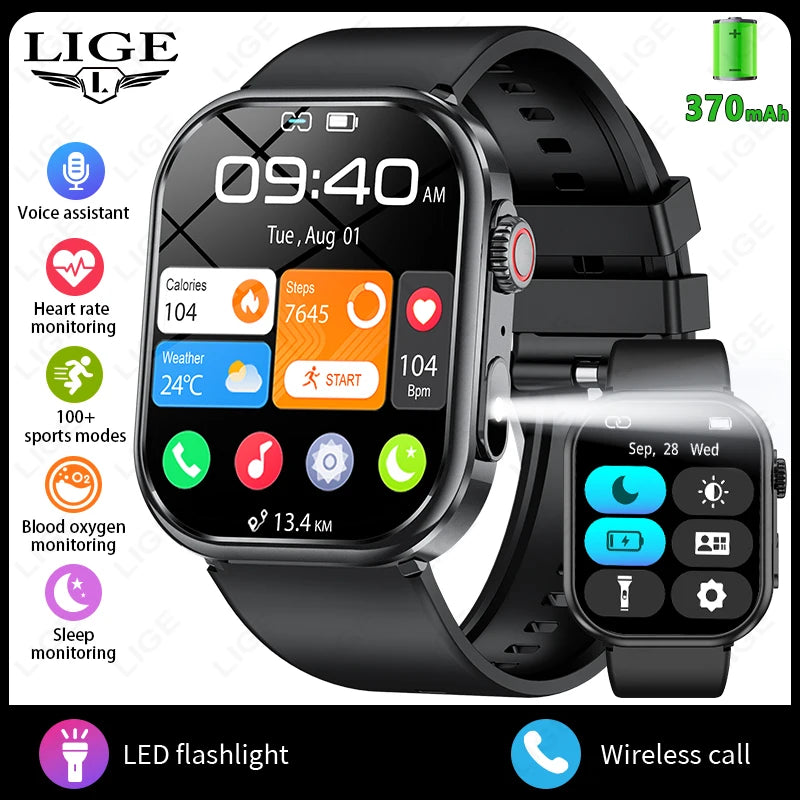 LIGE 2026 New Women Smart Watch Flashlight 2.01” HD Display AI Voice Bluetooth Call Sport Watches Health Monitor Men Smartwatch