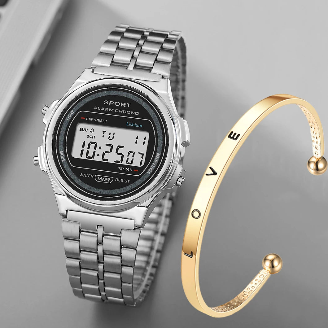 Women Casual LED Electronic Watch Retro Stainless Steel Strap Ladies LED Digital Watch Multifunction Sports Wristwatch Clock