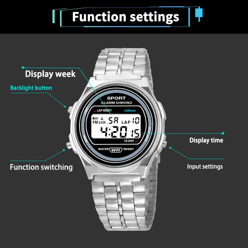 Women Casual LED Electronic Watch Retro Stainless Steel Strap Ladies LED Digital Watch Multifunction Sports Wristwatch Clock