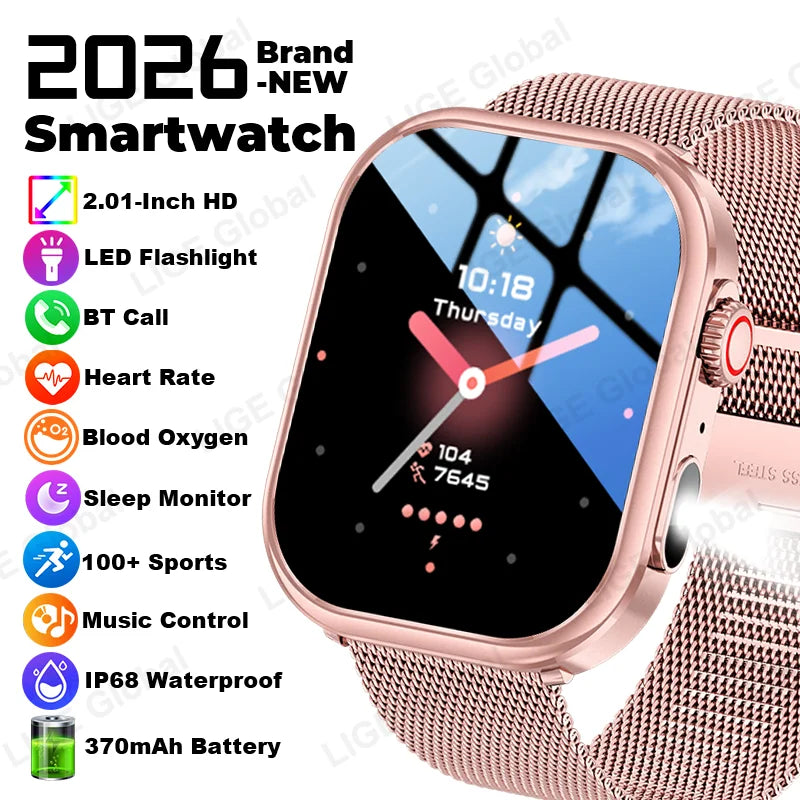 LIGE 2026 New Women Smart Watch Flashlight 2.01” HD Display AI Voice Bluetooth Call Sport Watches Health Monitor Men Smartwatch
