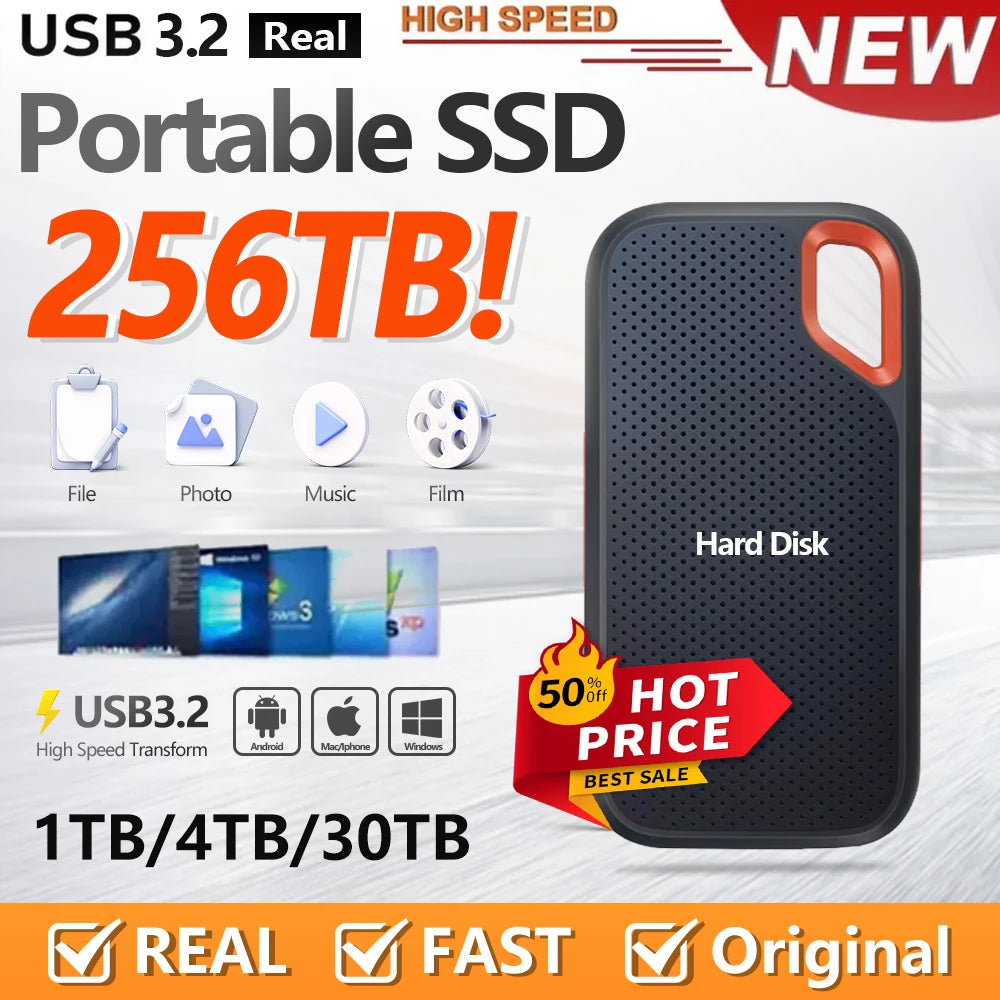 High-speed SSD 256TB External Hard Drive Portable 1TB Mobile Solid State Drive 2TB 4TB Mass External Hard Disk for Laptop/MAC/PC