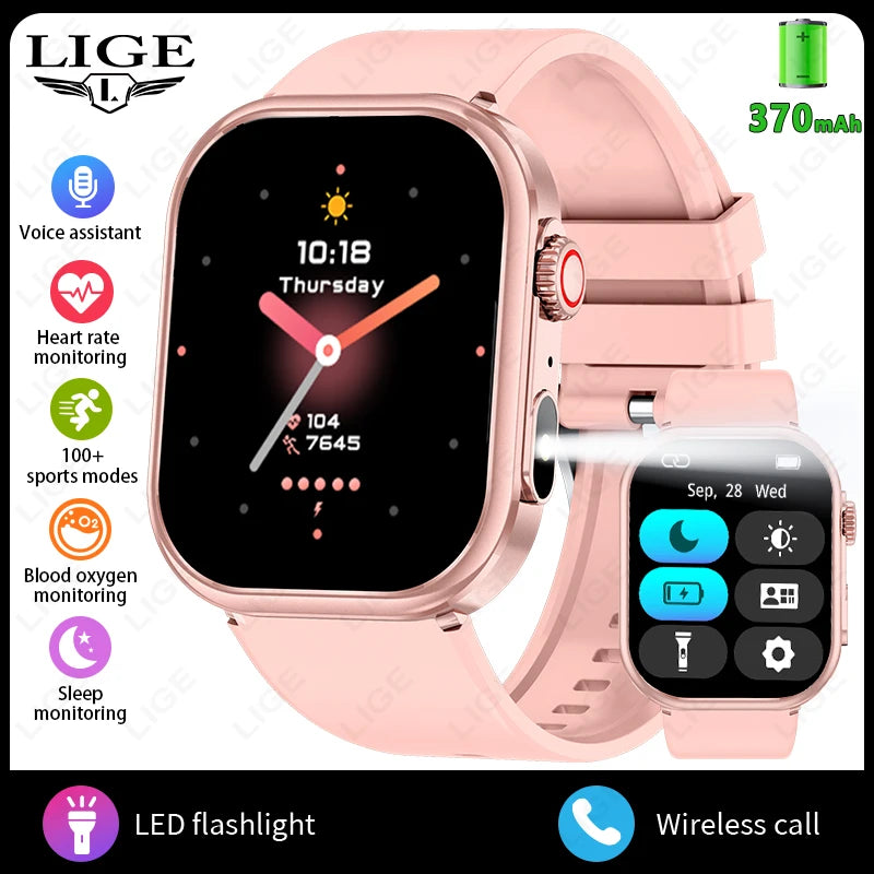 LIGE 2026 New Women Smart Watch Flashlight 2.01” HD Display AI Voice Bluetooth Call Sport Watches Health Monitor Men Smartwatch