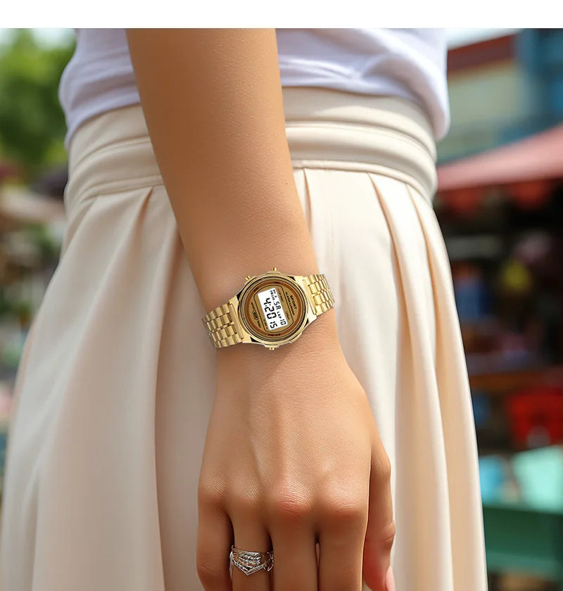 Women Casual LED Electronic Watch Retro Stainless Steel Strap Ladies LED Digital Watch Multifunction Sports Wristwatch Clock