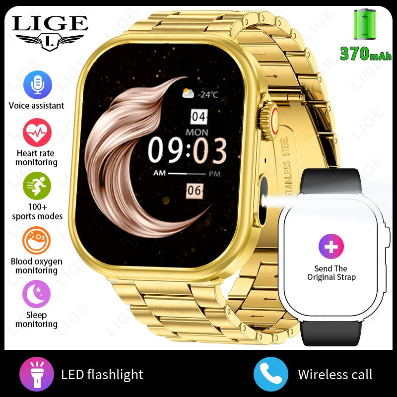LIGE 2026 New Women Smart Watch Flashlight 2.01” HD Display AI Voice Bluetooth Call Sport Watches Health Monitor Men Smartwatch
