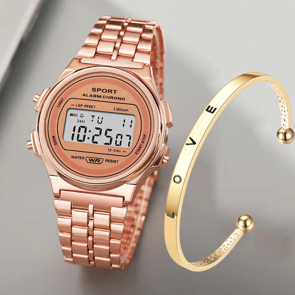 Women Casual LED Electronic Watch Retro Stainless Steel Strap Ladies LED Digital Watch Multifunction Sports Wristwatch Clock