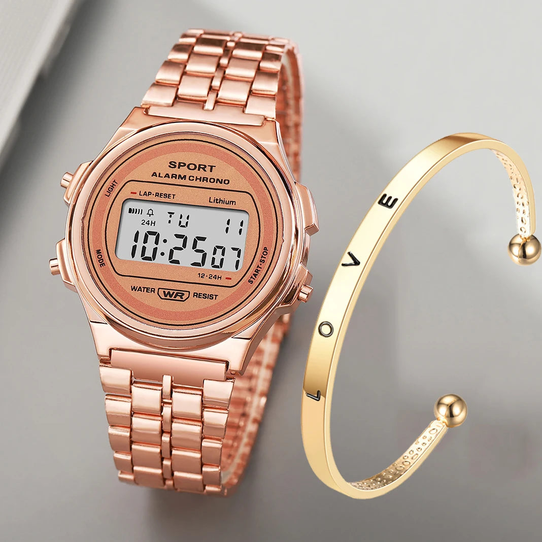 Women Casual LED Electronic Watch Retro Stainless Steel Strap Ladies LED Digital Watch Multifunction Sports Wristwatch Clock