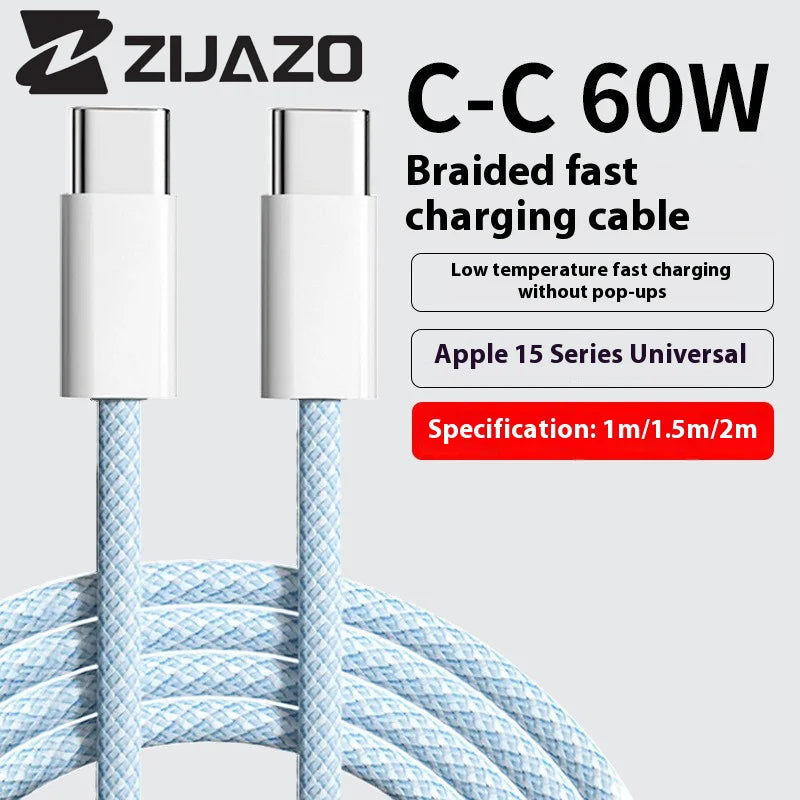 ZIJAZO USB-C to Type C Color Cable For Apple iPhone 15 PD 60W Fast Charging For Huawei Xiaomi Samsung Type C Weaving Cable
